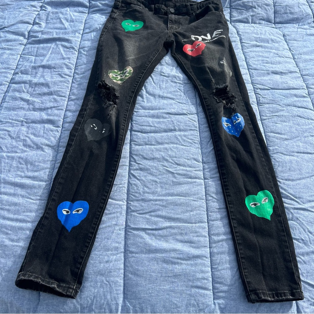 L.O.V.E. Men’s Black Kodak Painted Graphic Distressed Jeans Size 34”